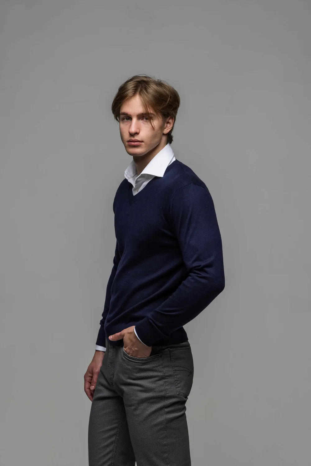 Alain Delon Maglione Lana Blu Scollo V Uomo