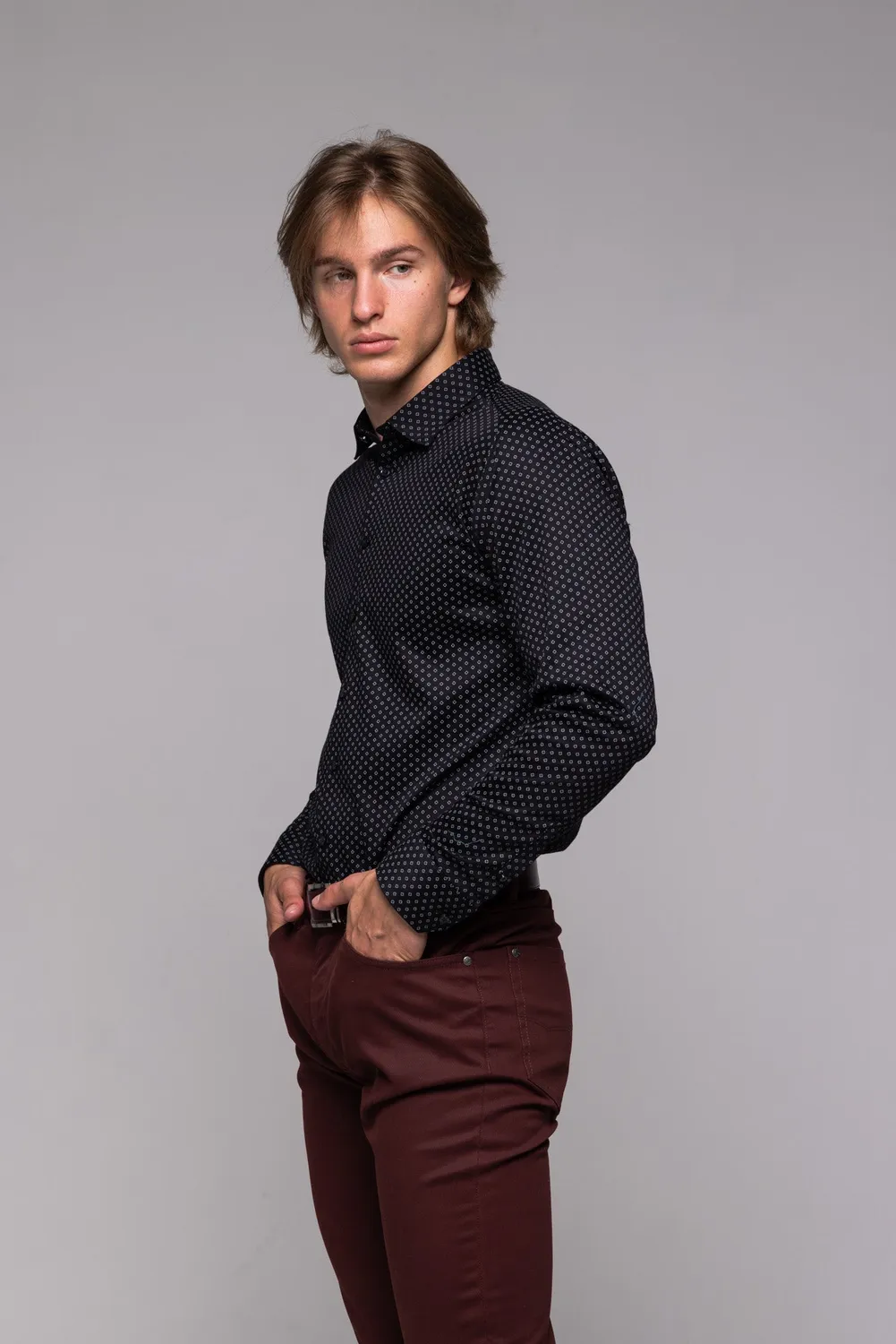 Alain Delon camicia nera extra slim fit elasticizzata fantasia