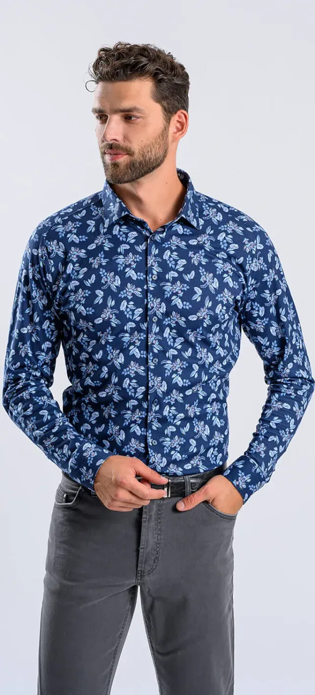 Alain Delon Camicia Extra Slim Fit Blu Jersey Fantasia