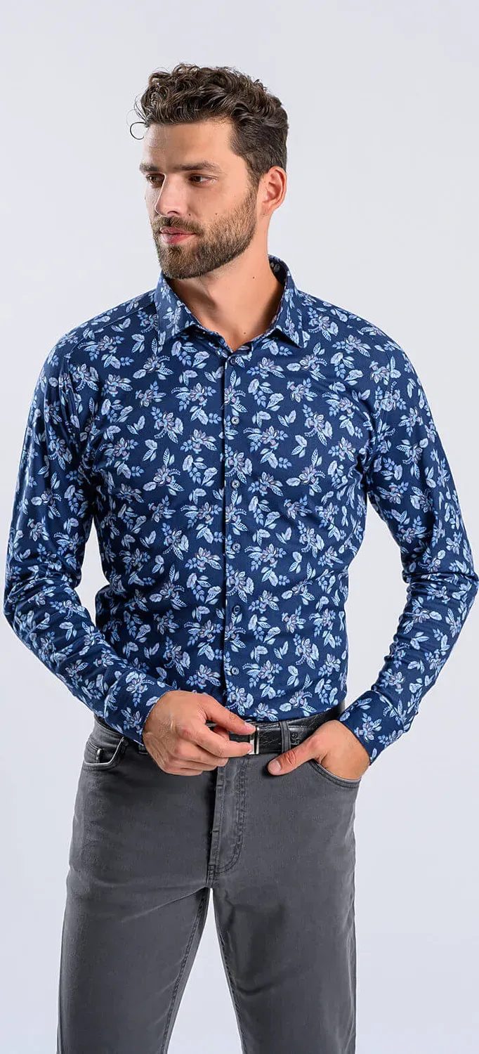 Alain Delon Camicia Extra Slim Fit Blu Jersey Fantasia