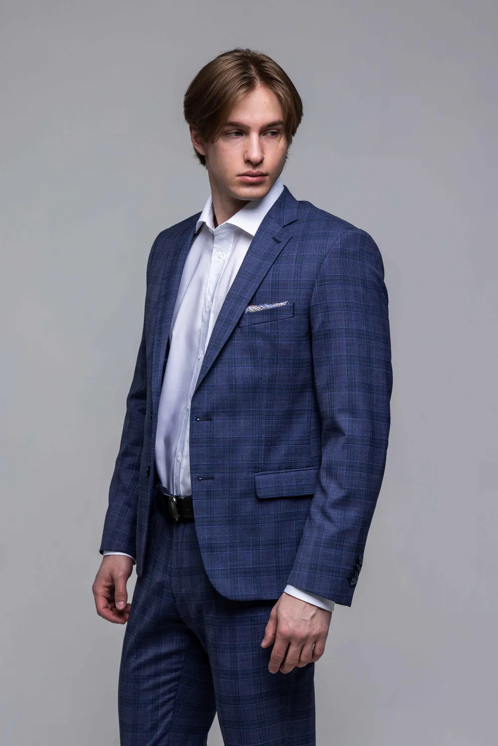 Alain Delon abito slim fit a quadri grigio blu stretch