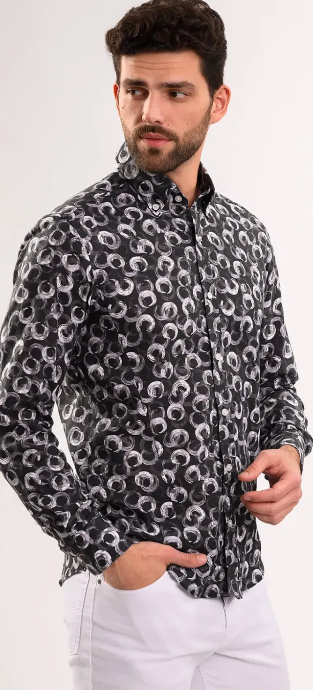 Alain Delon Camicia Uomo Extra Slim Fit Grigia Lino Fantasia