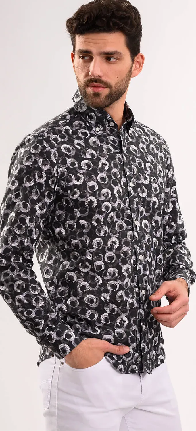 Alain Delon Camicia Uomo Extra Slim Fit Grigia Lino Fantasia