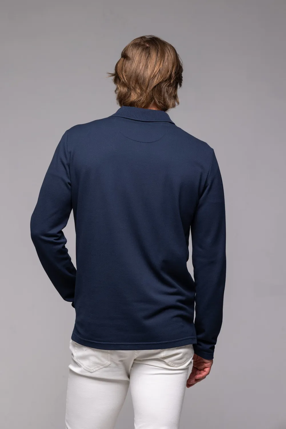 Alain Delon polo manica lunga blu piqué cotone
