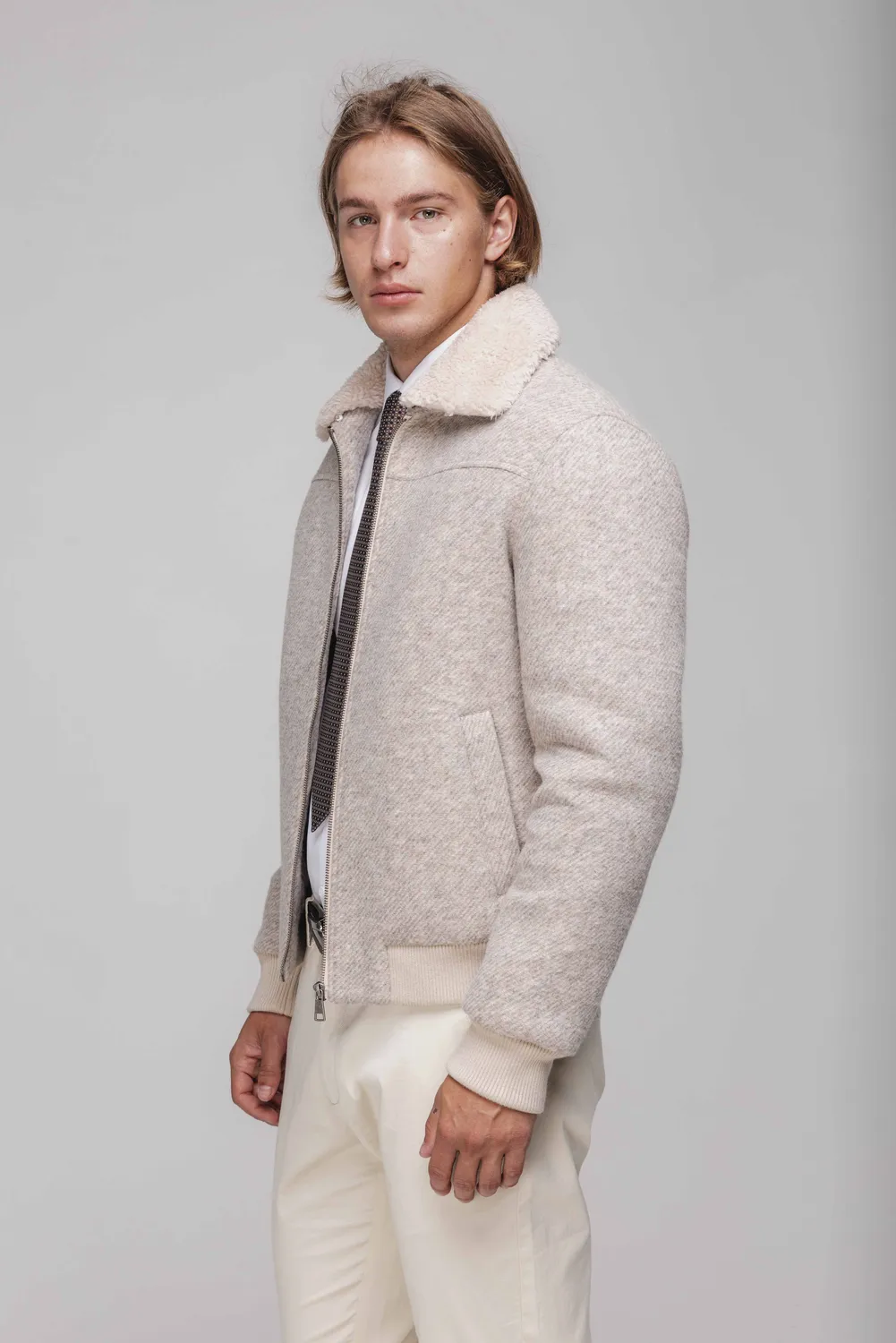 Alain Delon bomber beige collo peluche uomo S lana