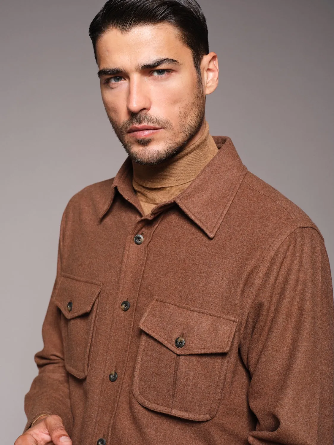 Caruso overshirt lana 180's marrone tabacco