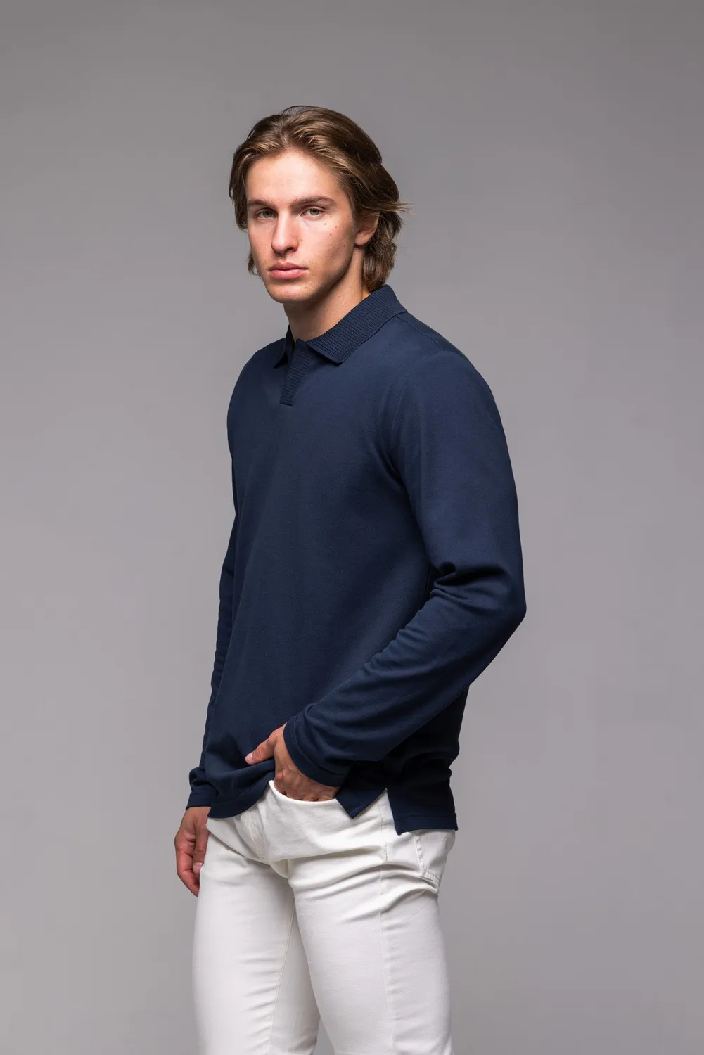 Alain Delon polo manica lunga blu piqué cotone
