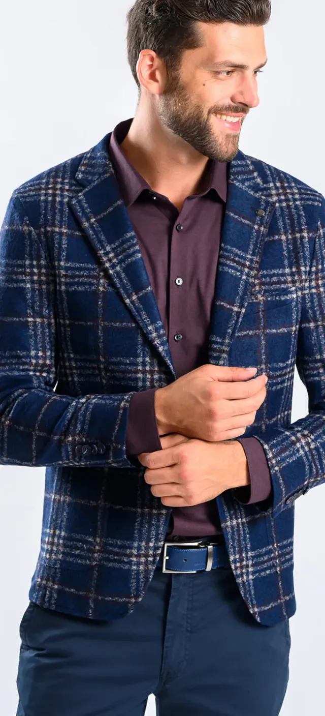 Alain Delon blazer blu quadri beige Slim misto lana