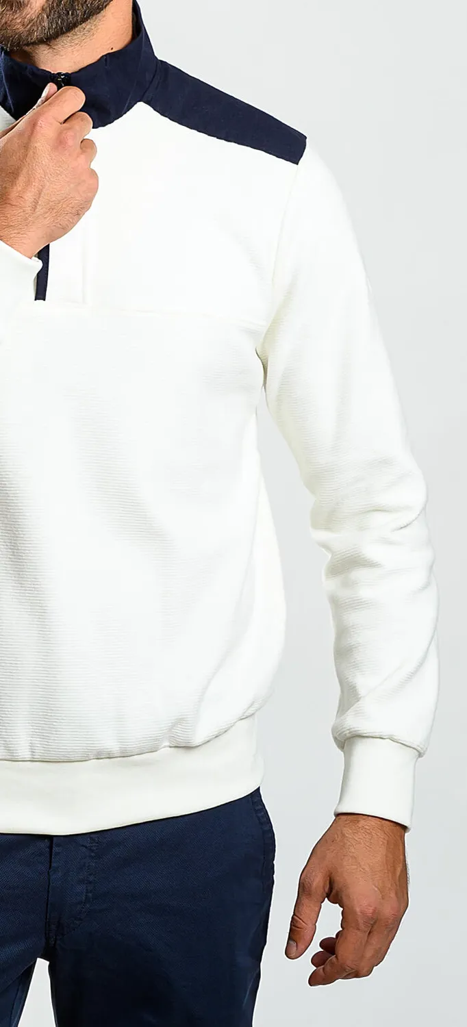 Alain Delon felpa bianca sportiva collo zip blu