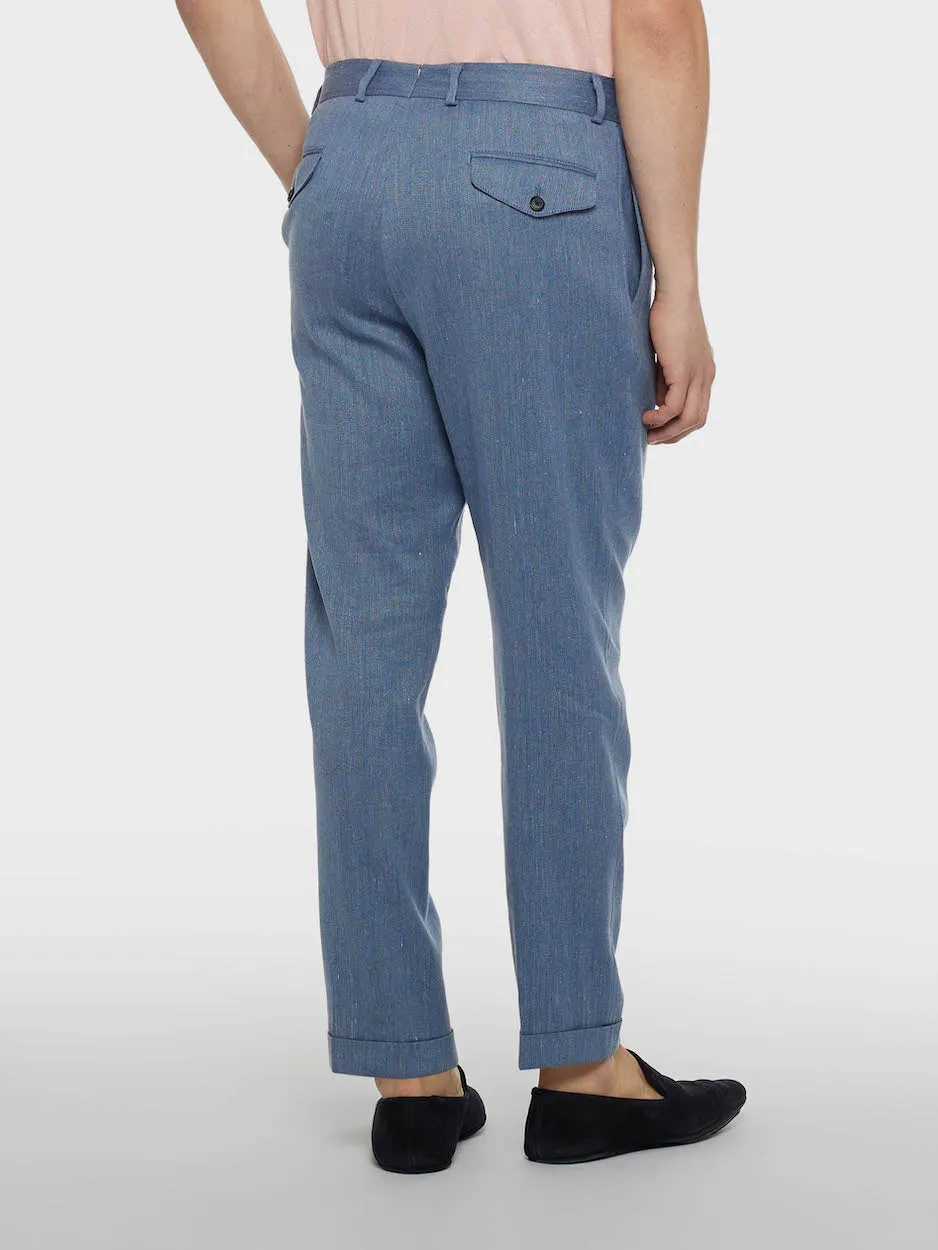 Caruso pantalone carrot lino lana blu denim