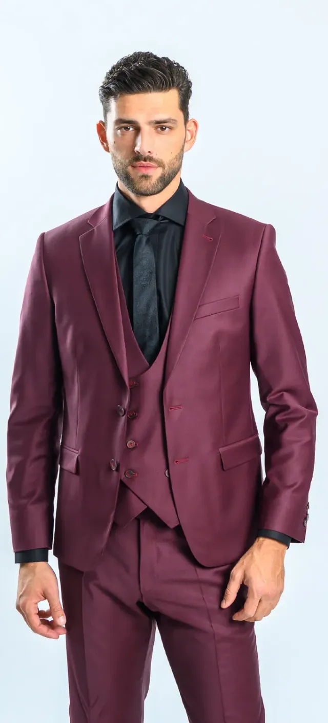 Alain Delon Abito Slim Fit Bordeaux con Gilet Doppiopetto