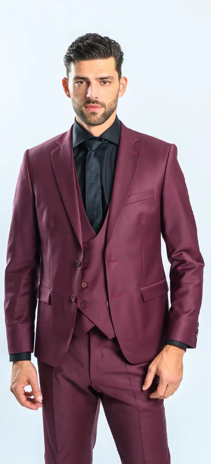 Alain Delon Abito Slim Fit Bordeaux con Gilet Doppiopetto