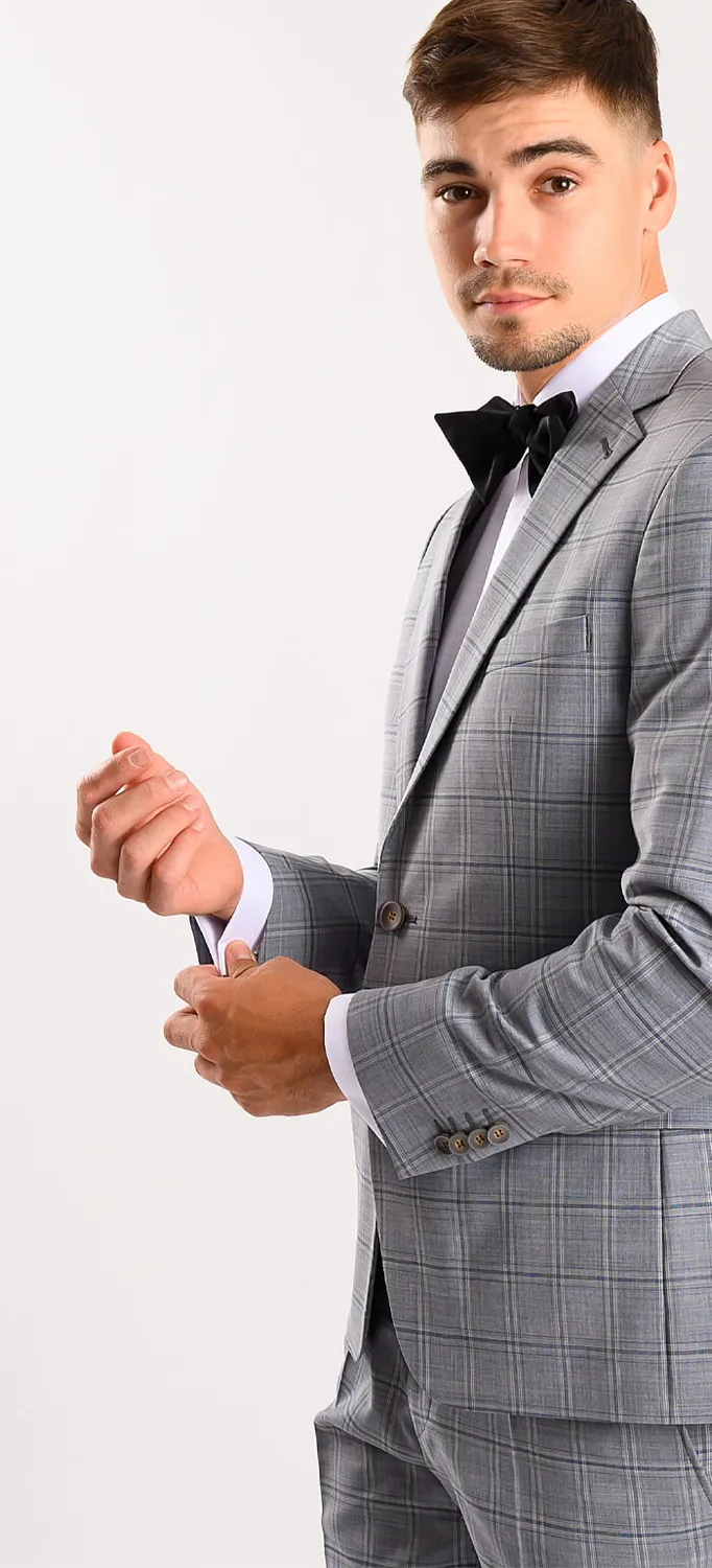 Alain Delon Abito Grigio a Quadri Lana Slim Fit