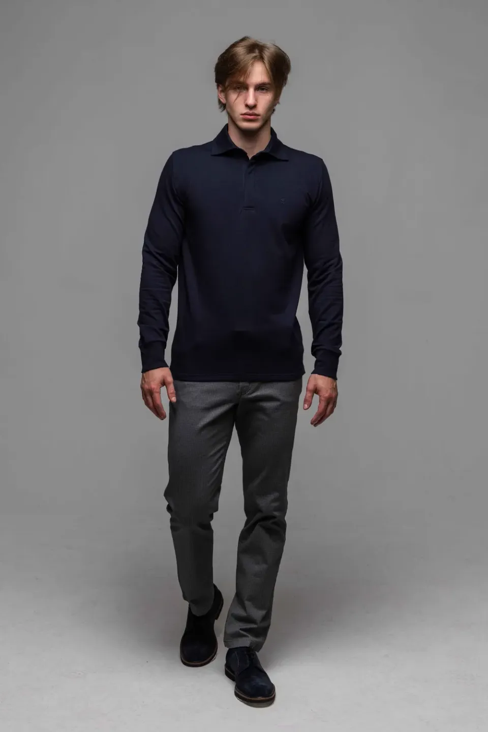 Alain Delon polo blu manica lunga maglia cotone slim fit