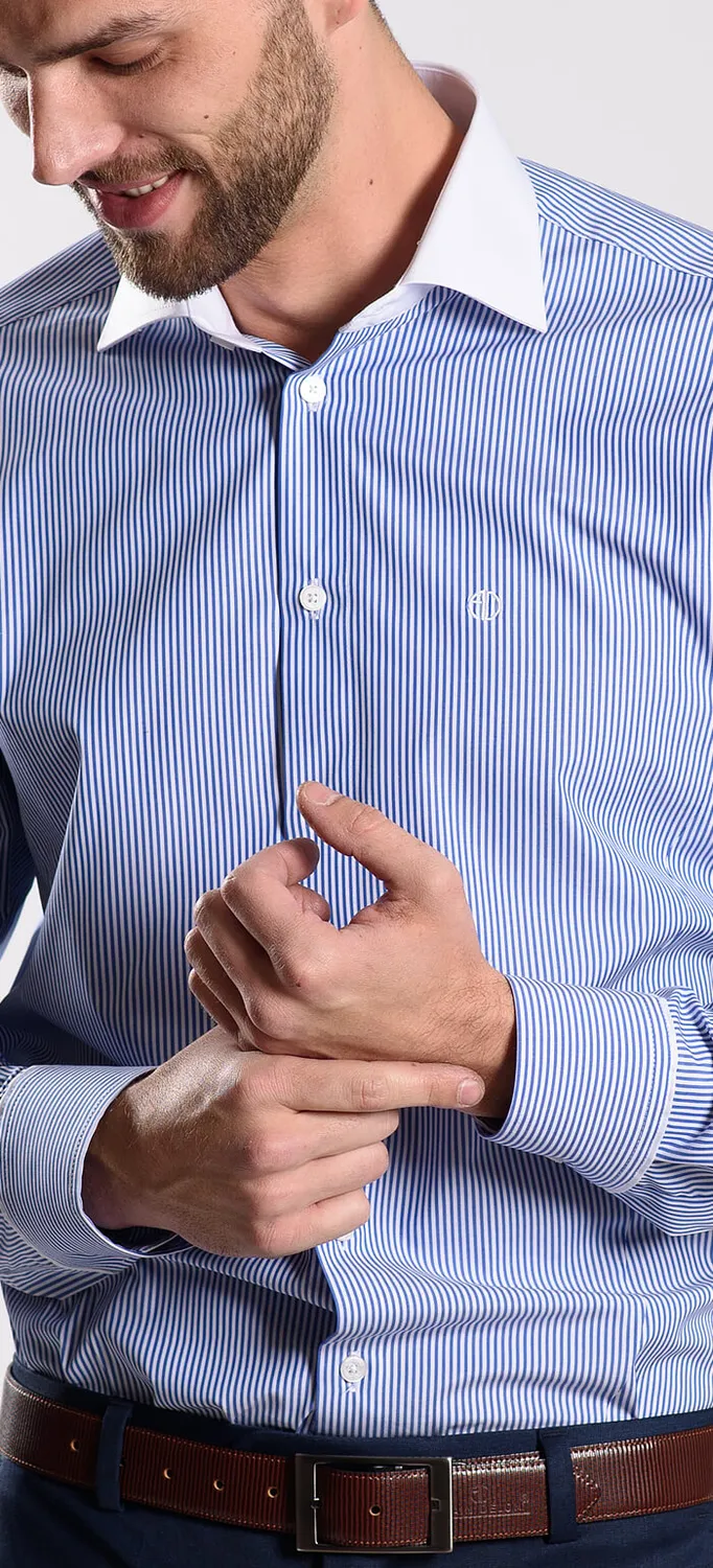 Alain Delon Camicia Blu Rigata Extra Slim Fit Business