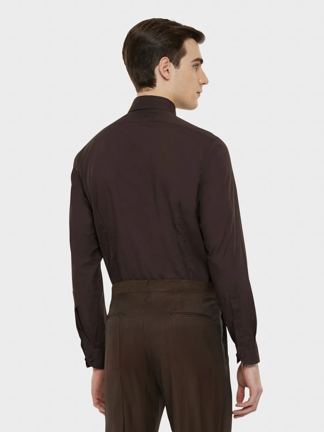Caruso camicia cerimonia cotone marrone plastron slim