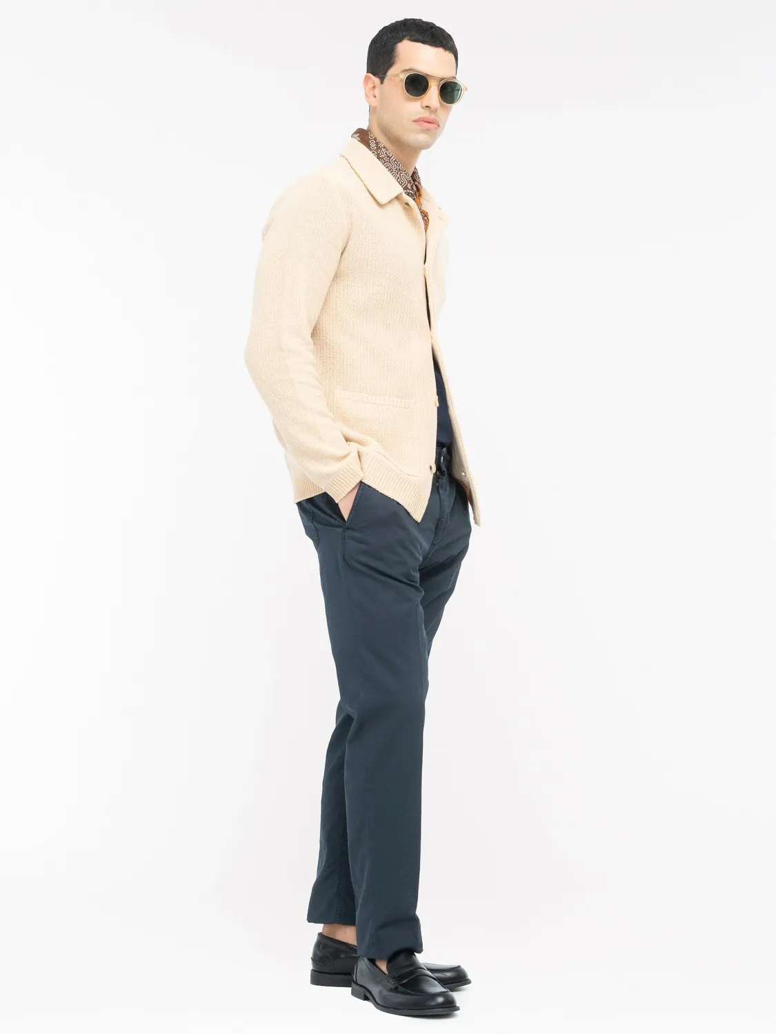 Paoloni Pantalone chino twill cotone lino stretch blu