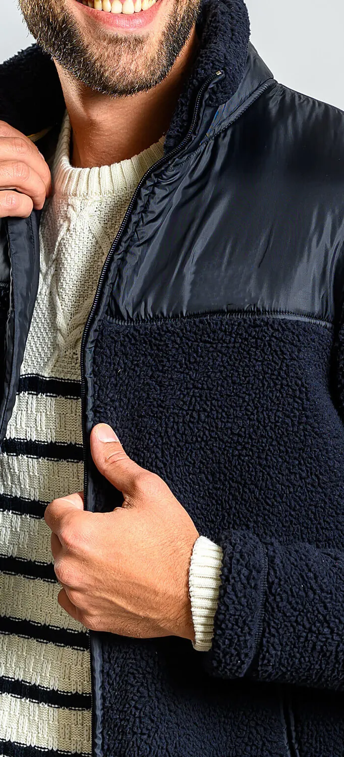 Alain Delon giacca pile blu navy slim fit zip