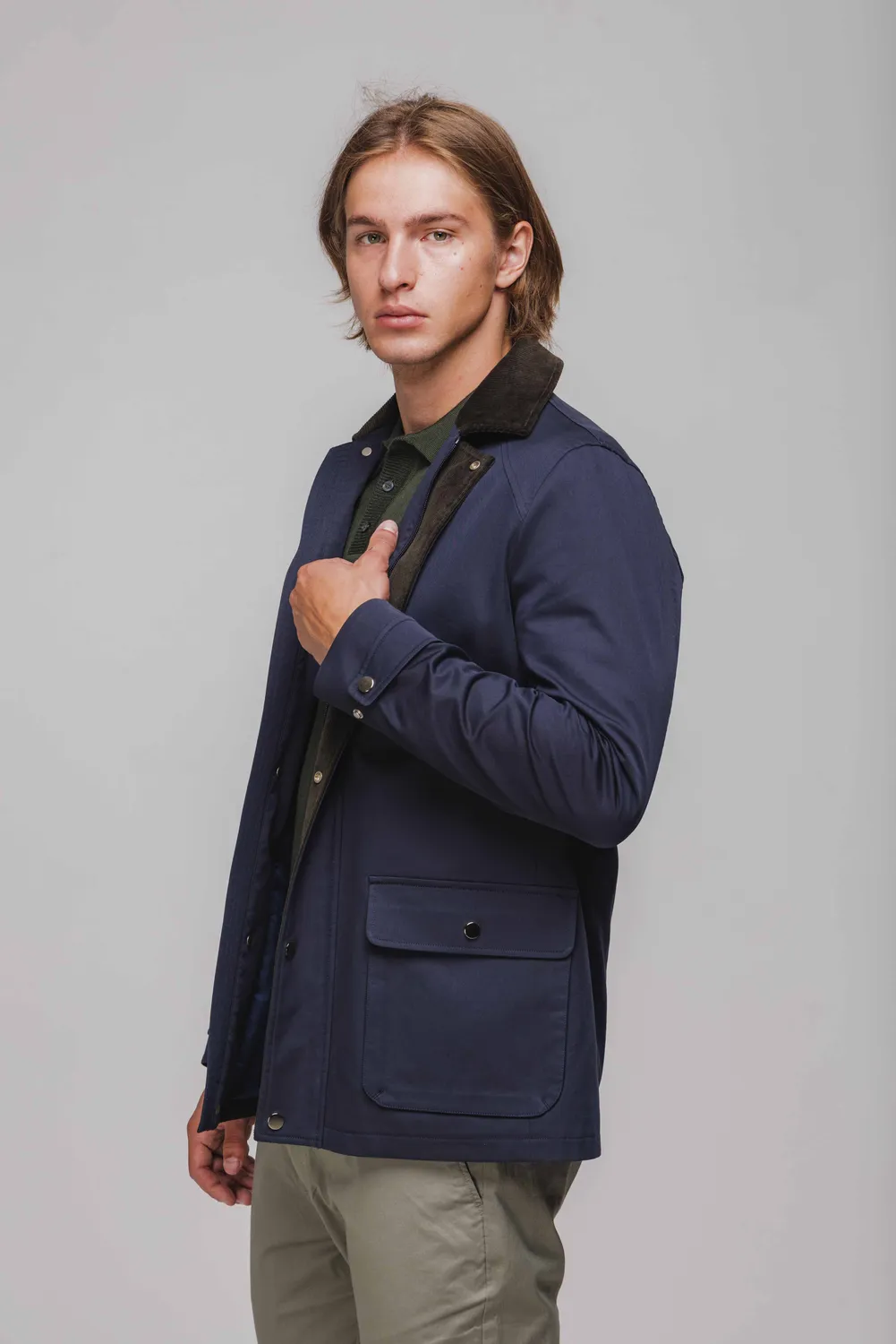 Alain Delon giacca blu gabardine collo velluto mezza stagione