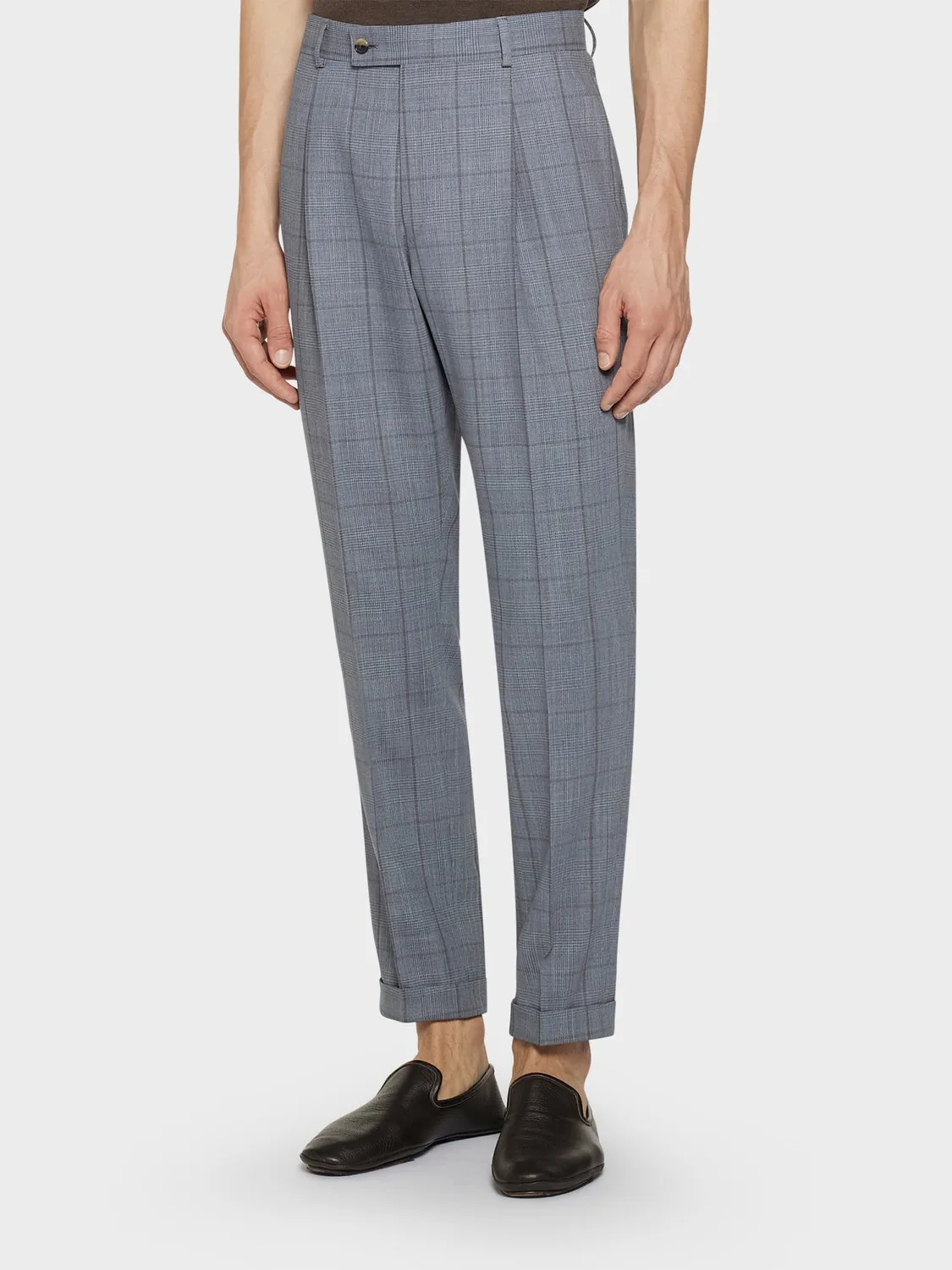 Caruso pantalone carrot-fit azzurro lana glen check