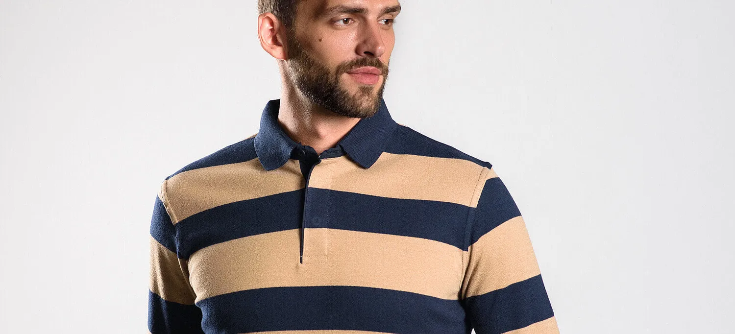 Alain Delon polo manica lunga righe marrone blu