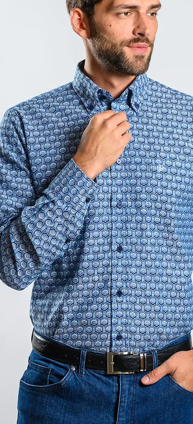 Alain Delon Camicia Slim Fit Blu Fantasia Lino