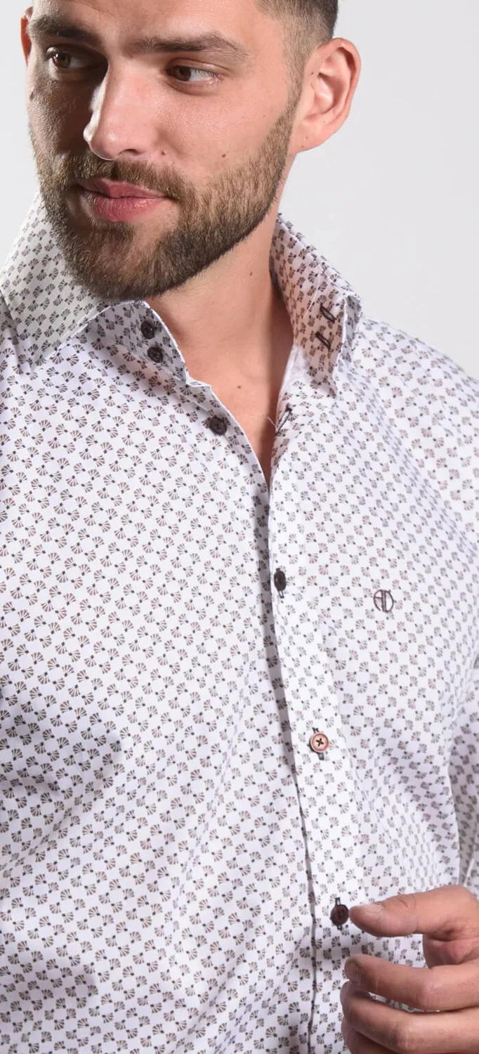 Alain Delon camicia slim bianca fantasia marrone