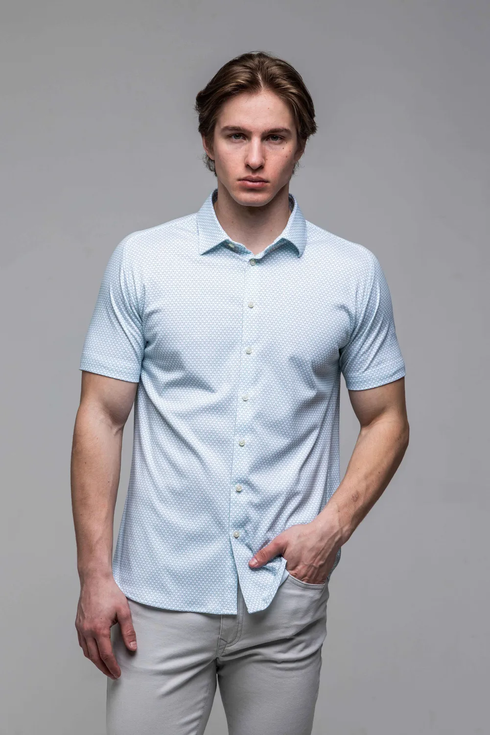 Alain Delon camicia manica corta extra slim bianco verde cotone