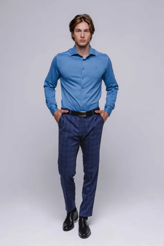 Alain Delon Extra Slim Fit camicia blu jersey cotone