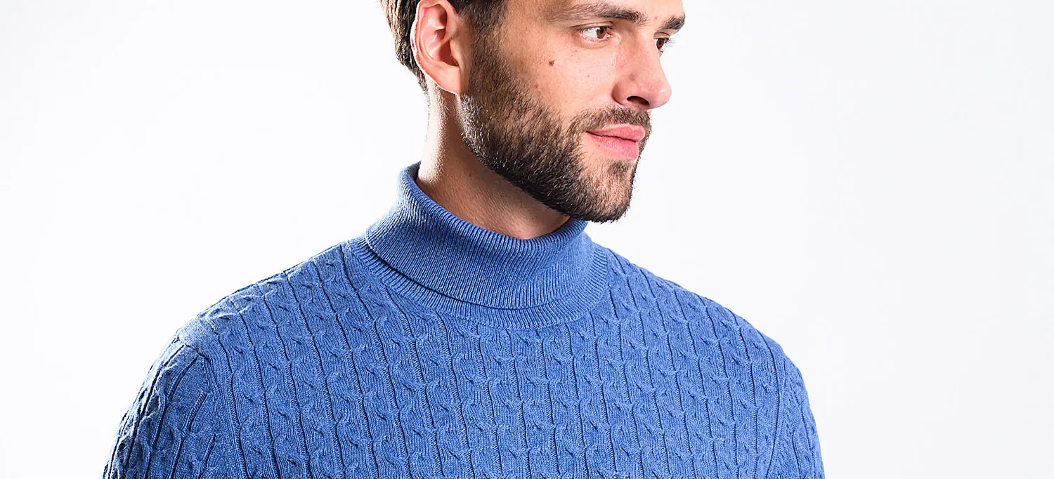Alain Delon dolcevita uomo blu cotone cashmere slim