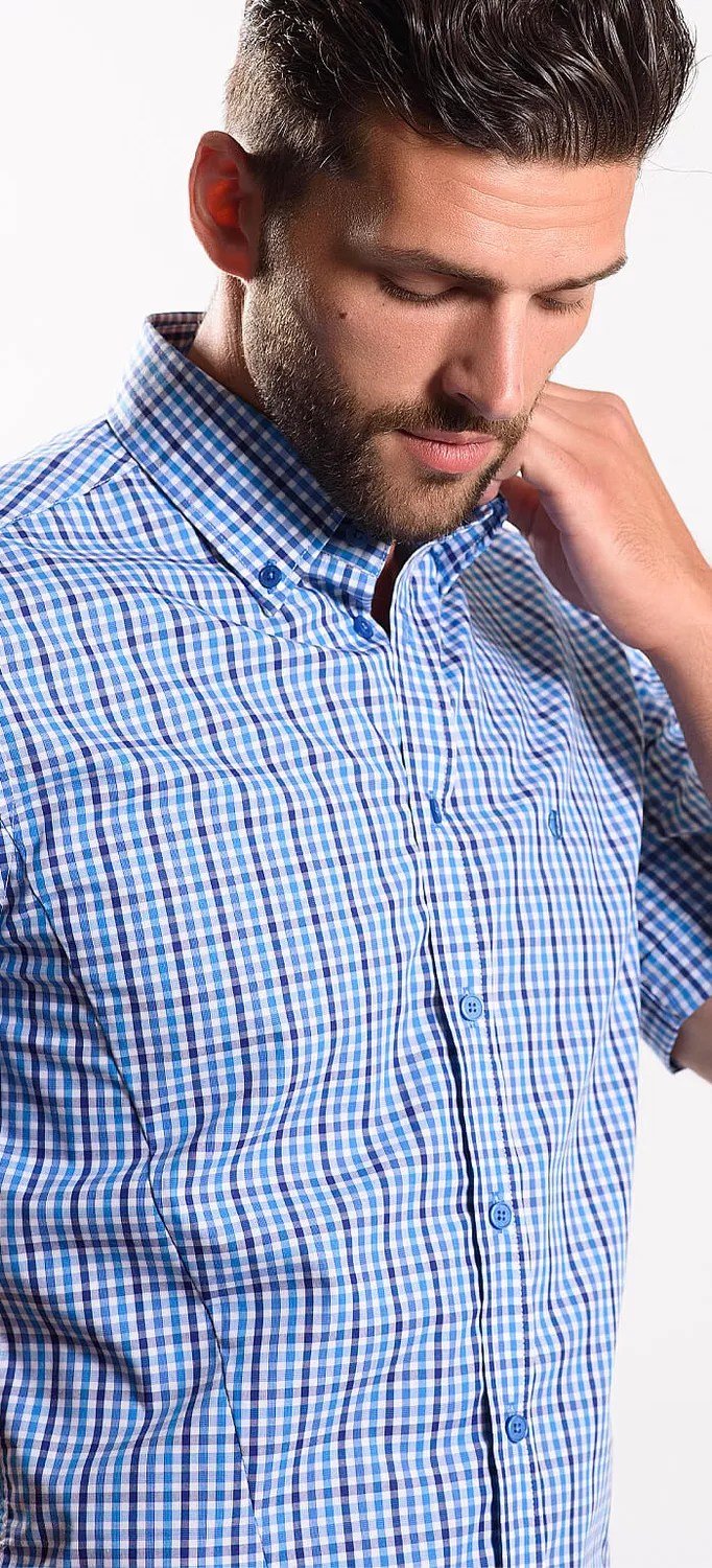 Alain Delon Checked Extra Slim Fit camicia a quadri manica corta blu
