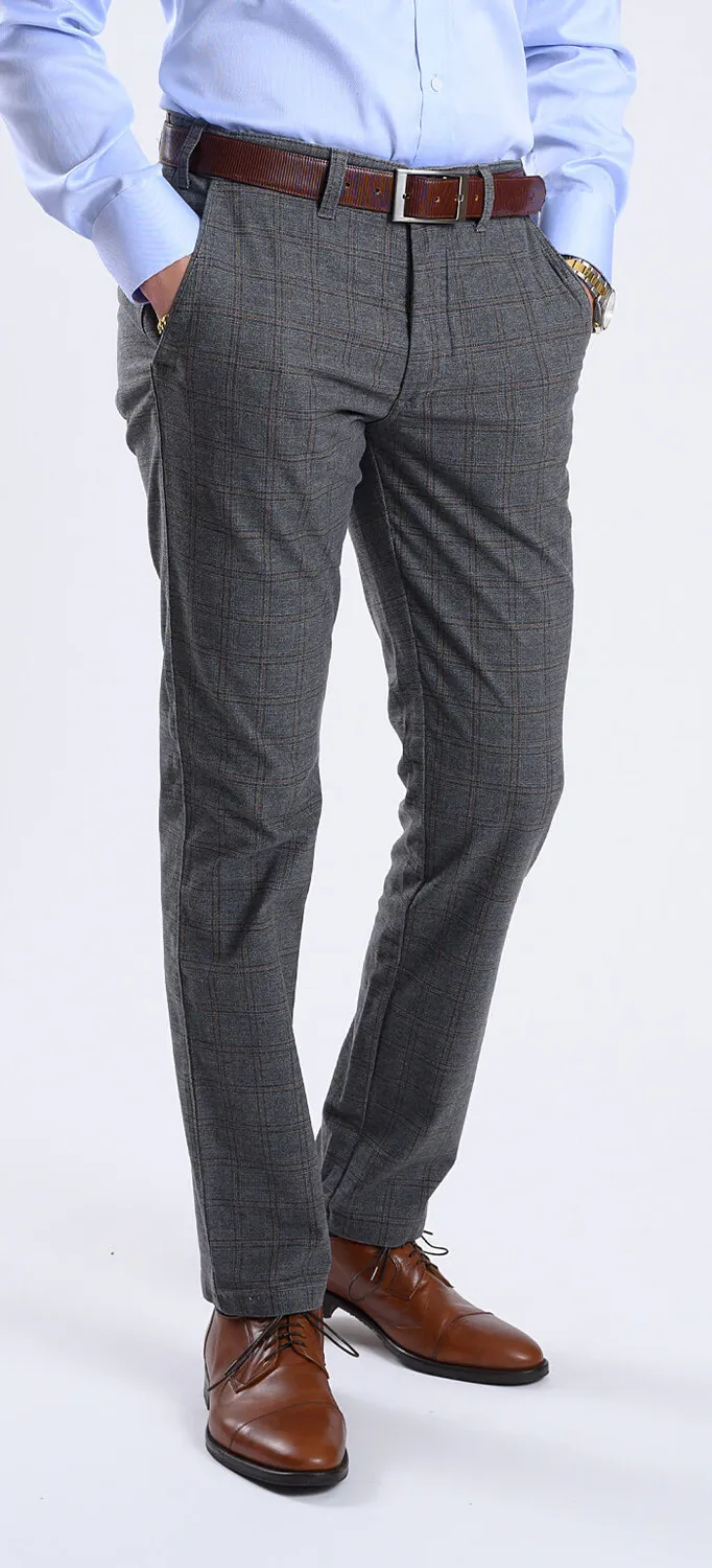 Alain Delon pantaloni chino slim grigi a quadri cotone