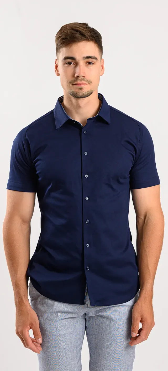 Alain Delon camicia manica corta blu navy stretch taglia S