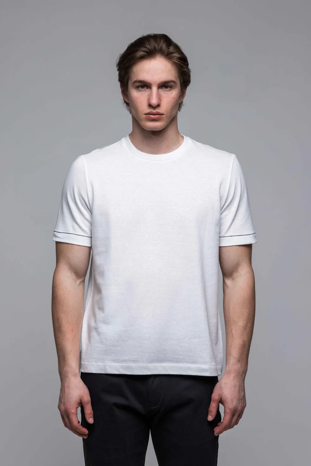 Alain Delon T-Shirt Bianca Cotone Lino Bordi Neri