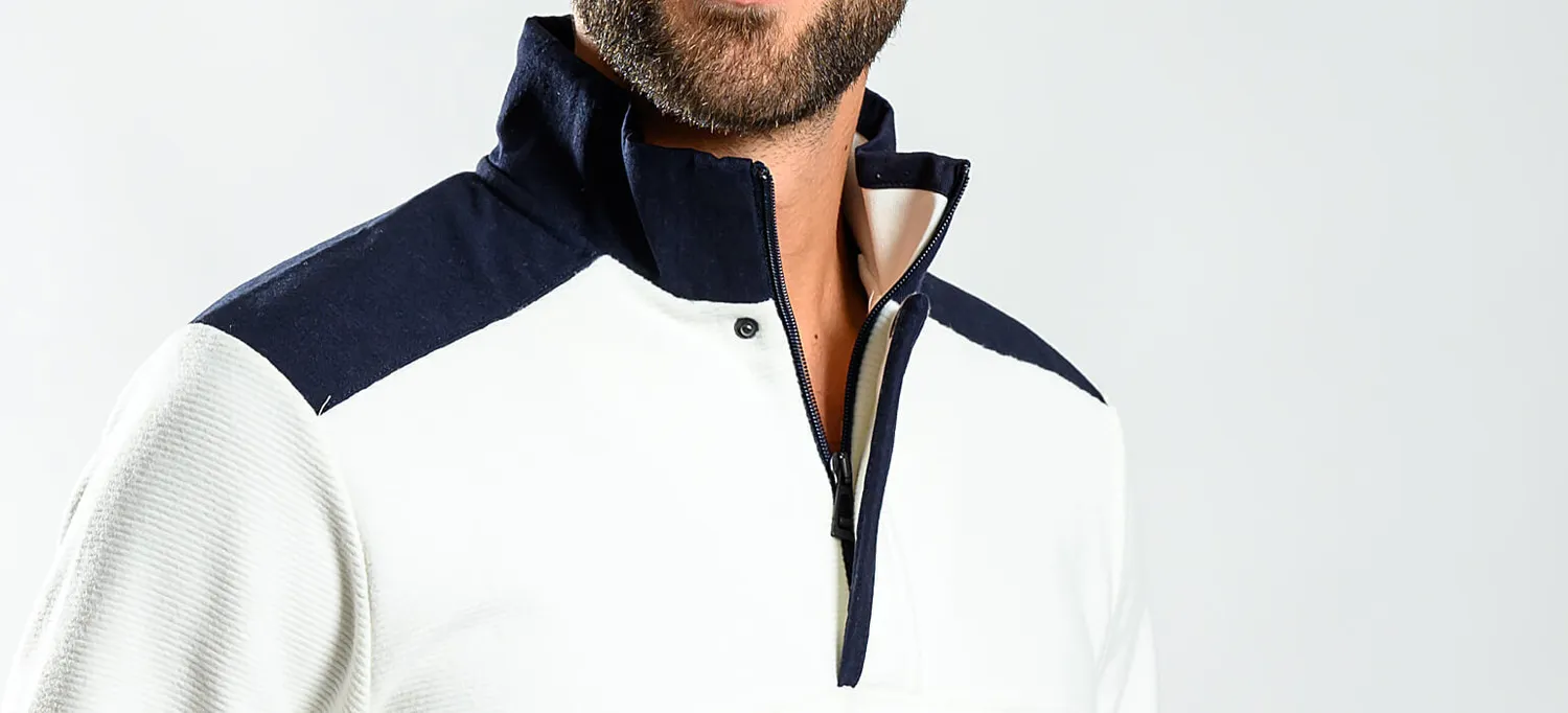 Alain Delon felpa bianca sportiva collo zip blu