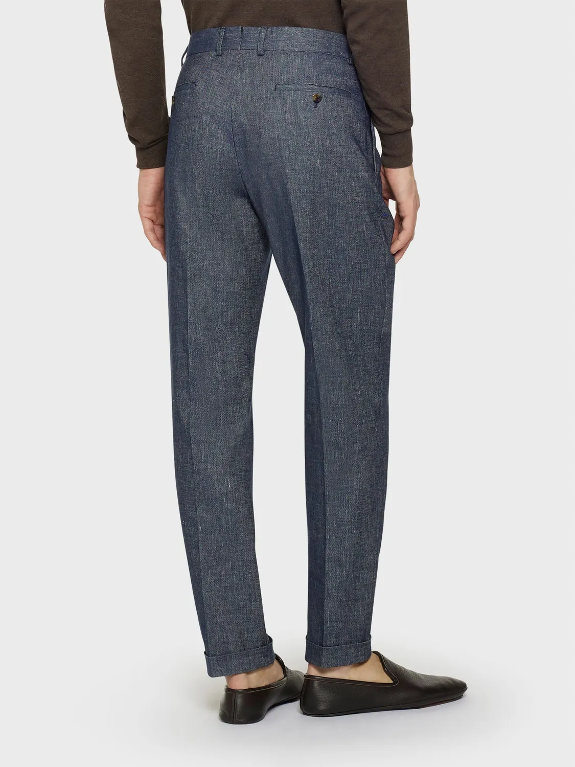 Caruso pantalone carrot lino cotone blu denim