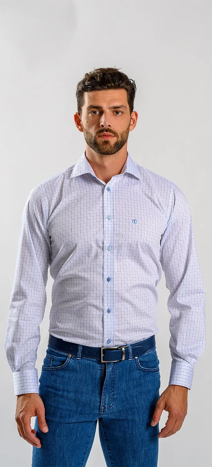 Alain Delon camicia slim fit bianca quadri blu cotone Getzner