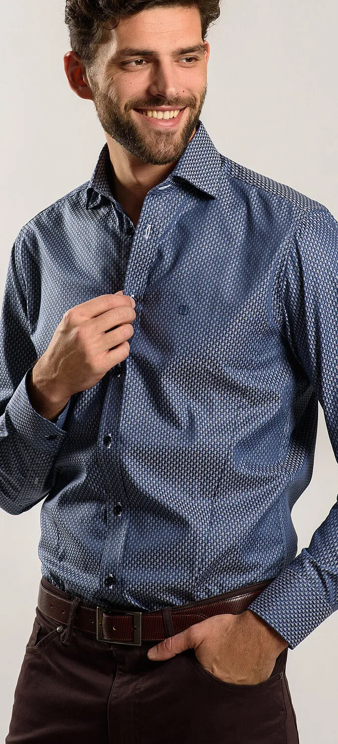 Alain Delon Extra Slim Fit camicia blu navy fantasia argento