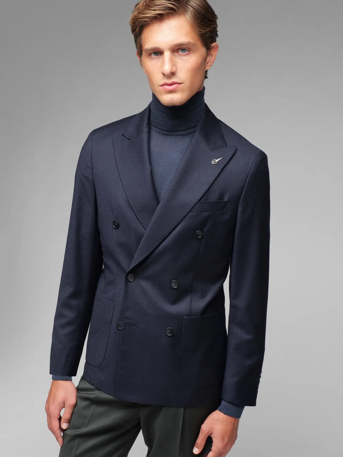 Paoloni giacca doppiopetto flanella lana stretch blu