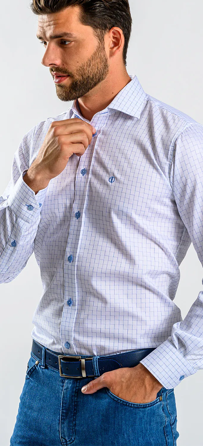 Alain Delon camicia slim fit bianca quadri blu cotone Getzner