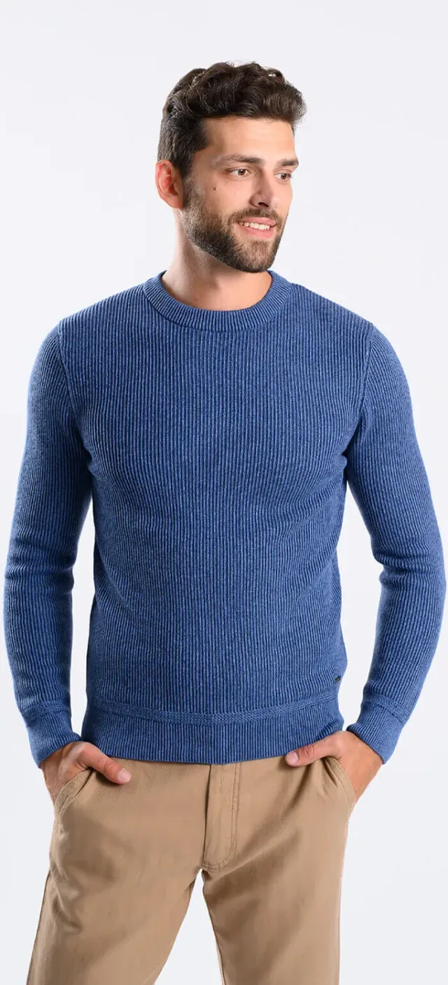 Alain Delon Maglione girocollo blu coste cotone cashmere