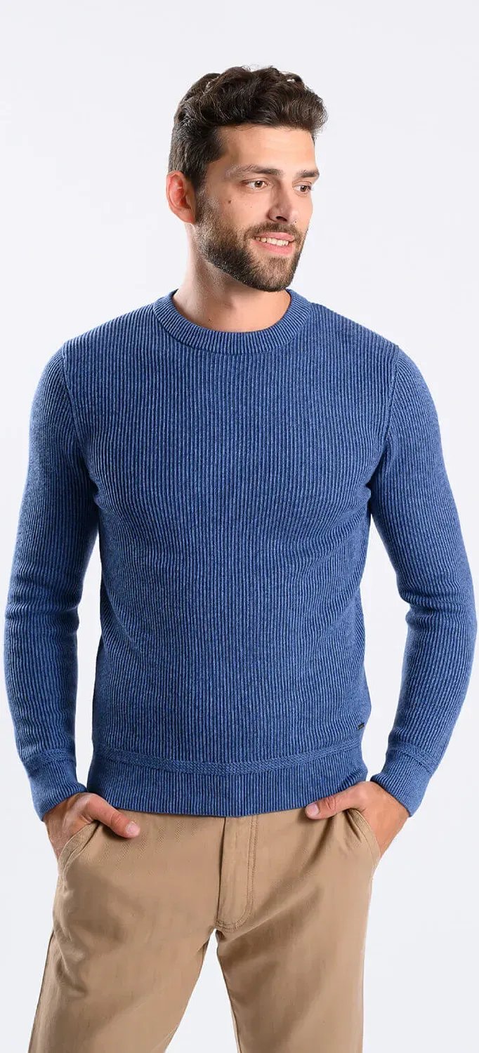 Alain Delon Maglione girocollo blu coste cotone cashmere
