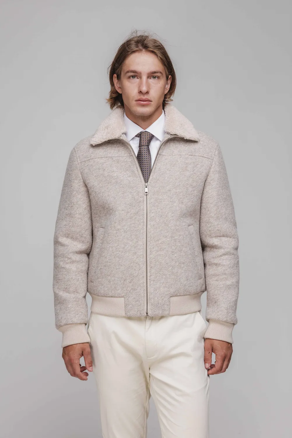 Alain Delon bomber beige collo peluche uomo S lana