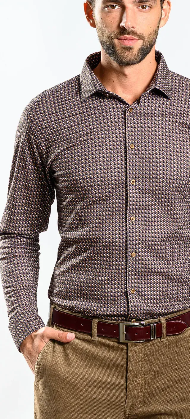 Alain Delon camicia extra slim fit marrone elasticizzata