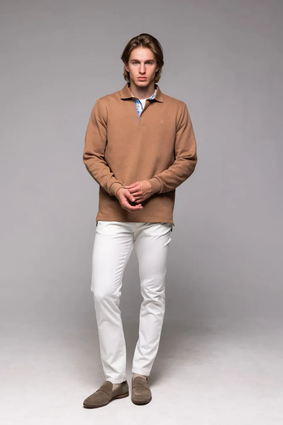 Alain Delon polo marrone manica lunga cotone