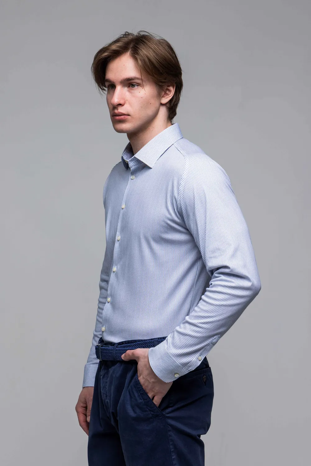 Alain Delon Camicia Bianca Righe Blu Extra Slim Fit Stretch