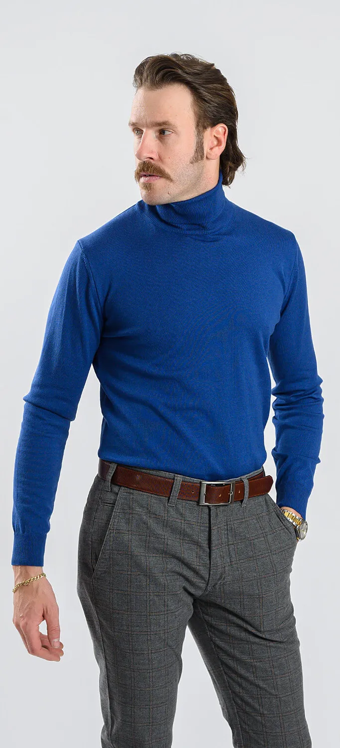 Alain Delon dolcevita blu maglia cotone slim fit