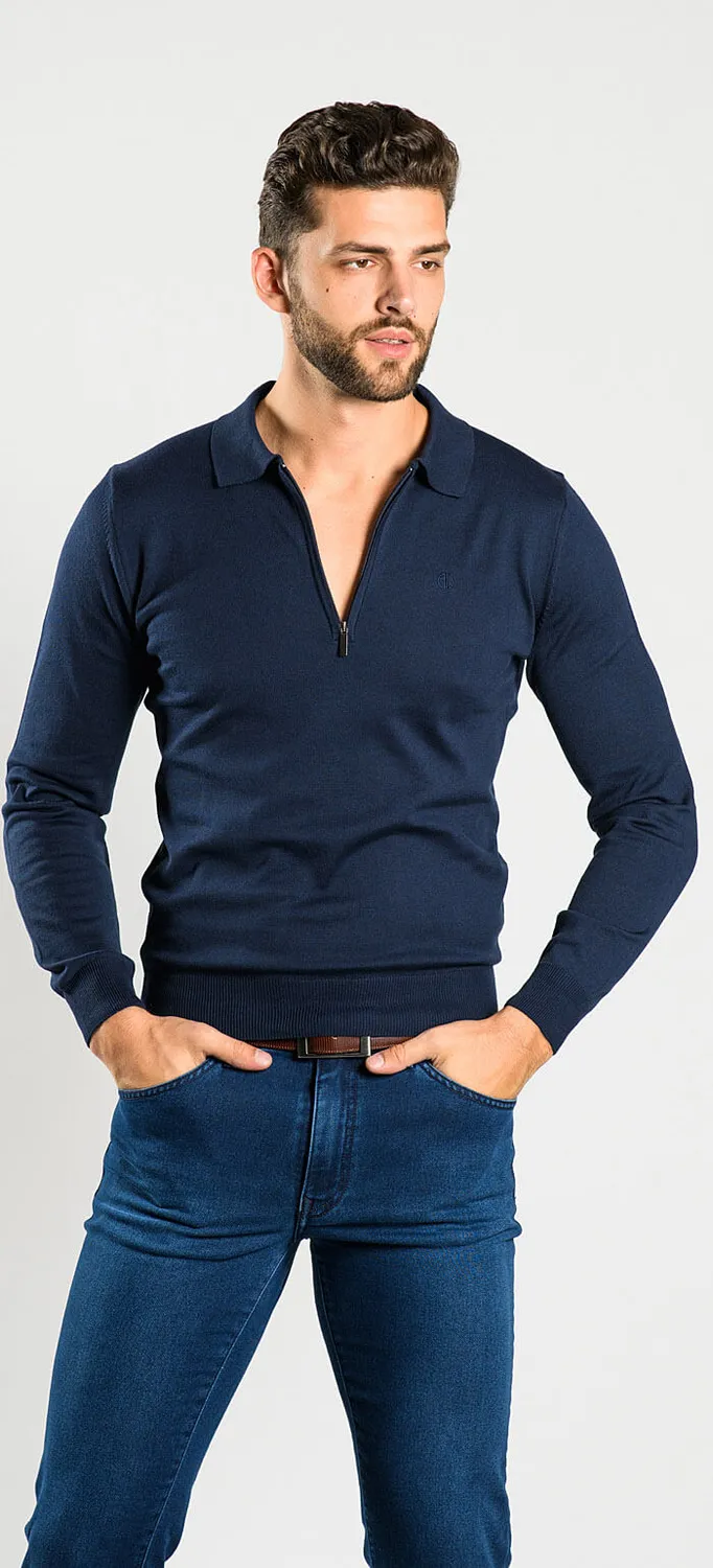 Alain Delon polo manica lunga blu navy zip taglia S