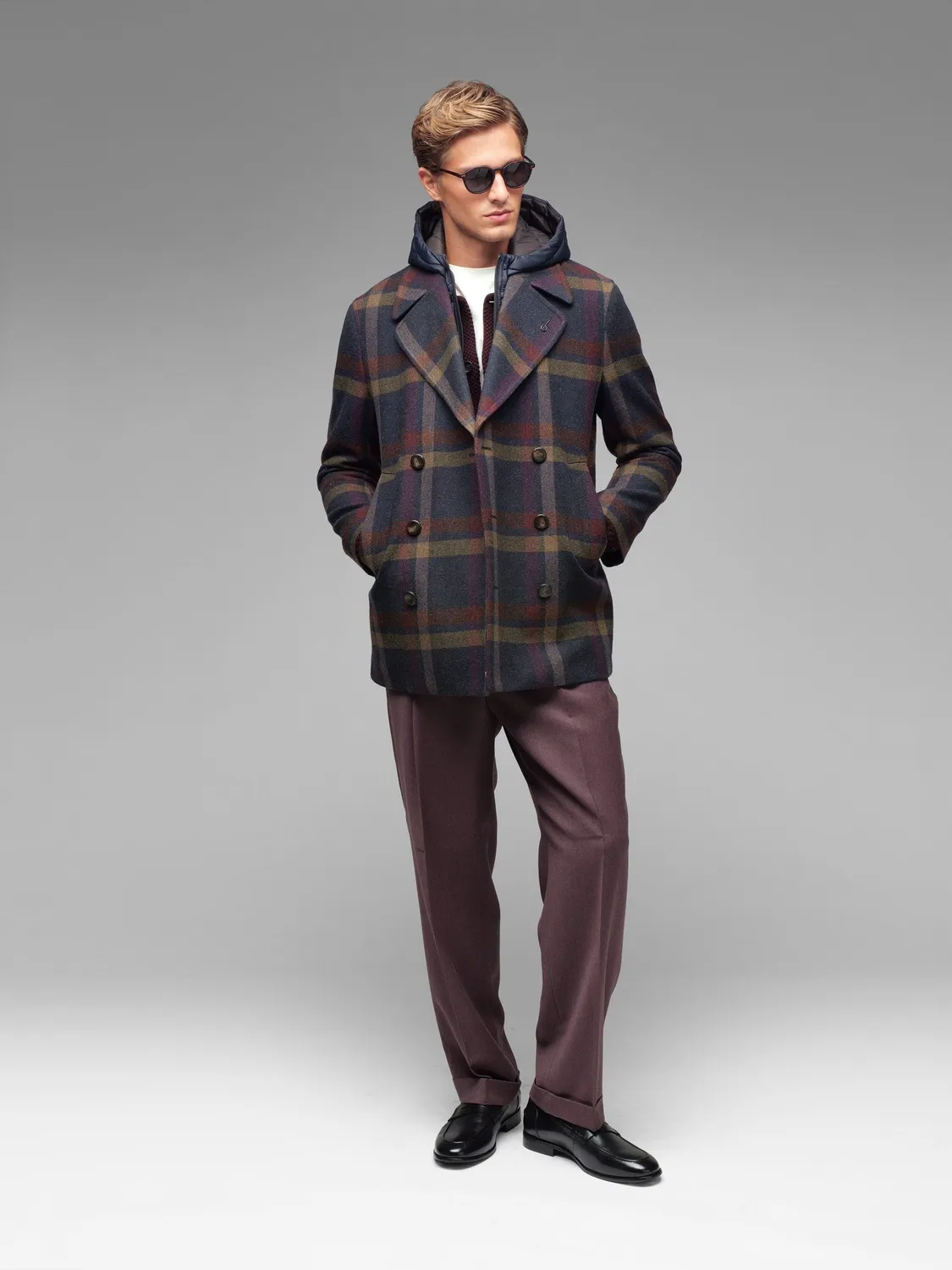 Paoloni Peacoat overcheck blu misto lana cappuccio