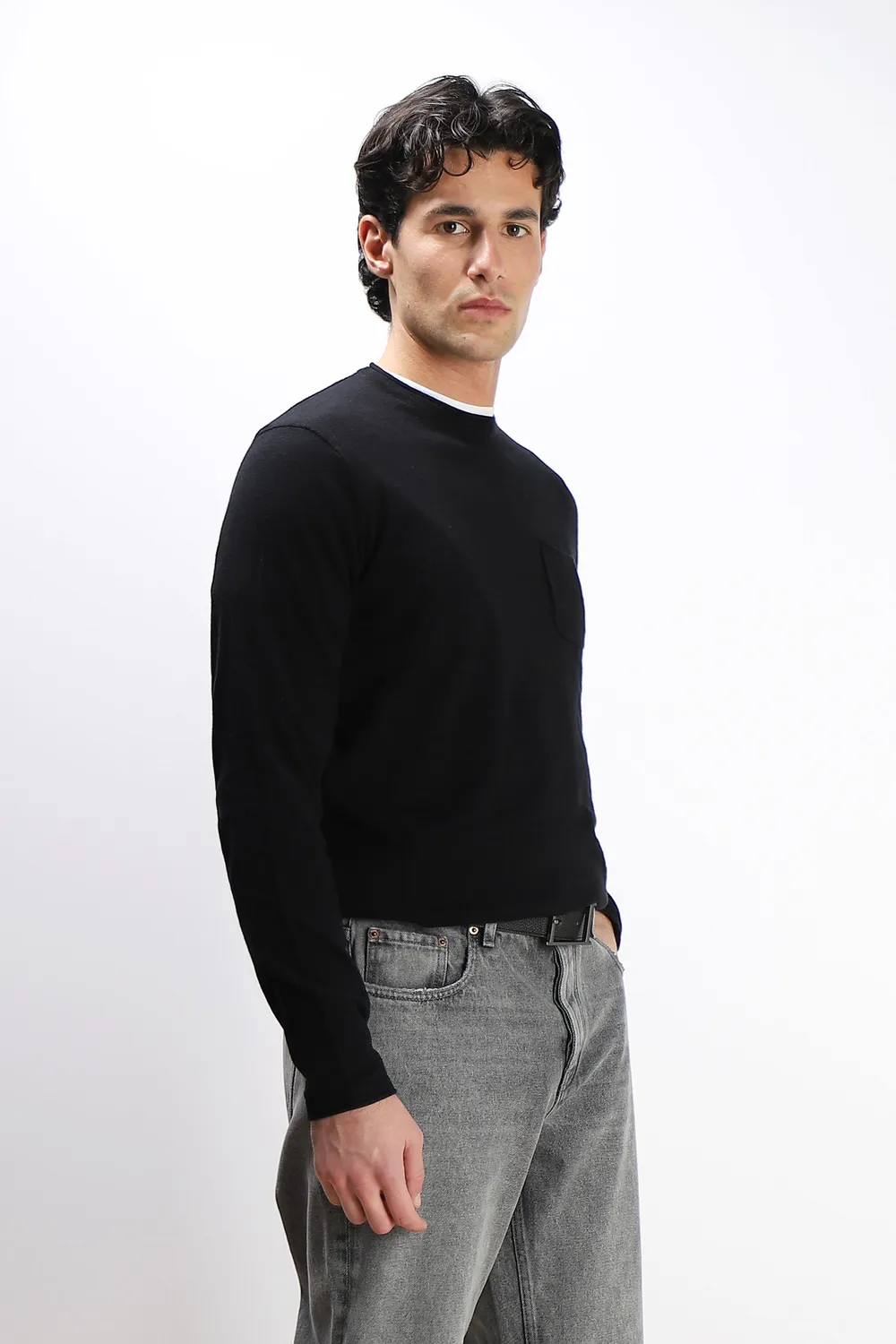 Sonny Bono maglia cotone slub nero con taschino